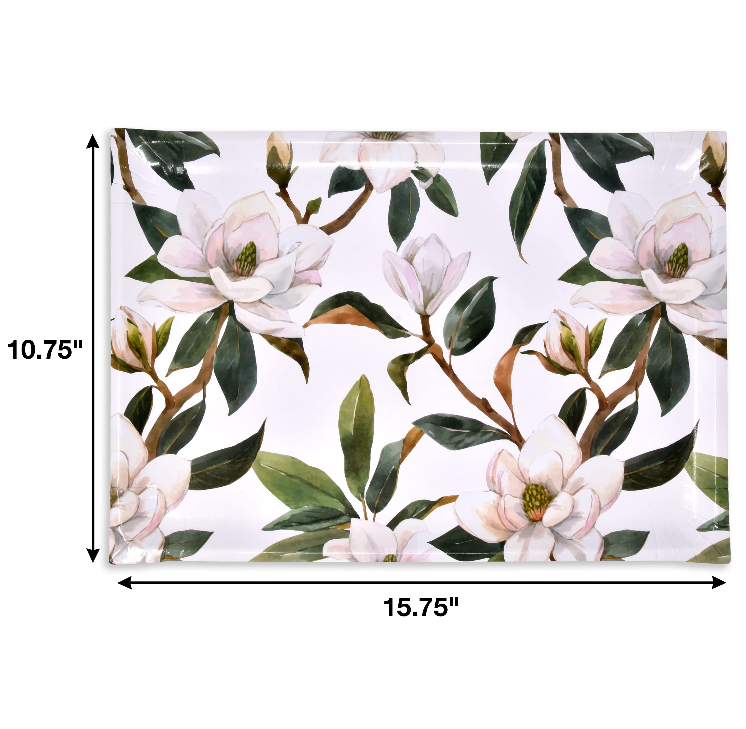 Gift Boutique 10 Disposable White Floral Serving Trays Large 10.75" X 15.75" Heavy Duty Rectangle Paper Cardboard Magnolia Tray for Dessert Platter Cupcake Display Birthday Party Tableware Supplies