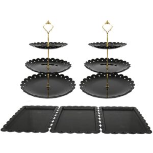 set of 5 party cupcake stand includes 2 pcs 3 tier cake stand + 3 rectangle plastic serving trays for wedding birthday baby shower tea party (black)