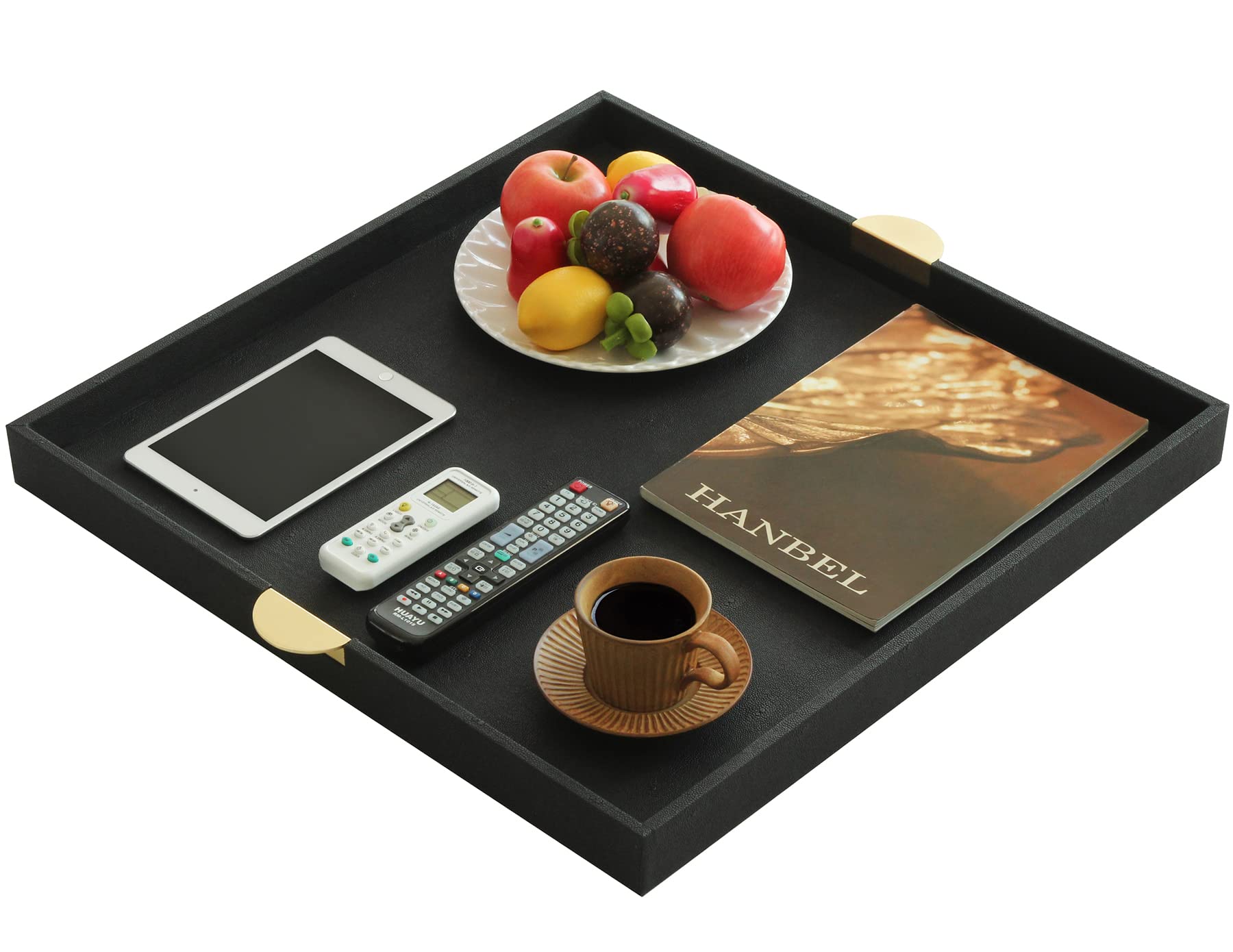 HofferRuffer Extra Large Square Serving Tray, Elegant Faux Leather Ottoman Tray with Gold Hardware Handles, Serve Tea, Coffee or Breakfast in Bed, 23.6 x 23.6 inches, Black Large Square Tray