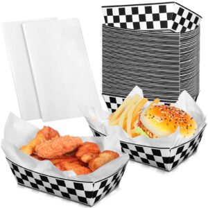 50 pcs checkered paper food trays with 50 deli liner disposable racing party food boat black and white plaid food serving tray for racing theme birthday baby shower party popcorn nacho snack hot dog