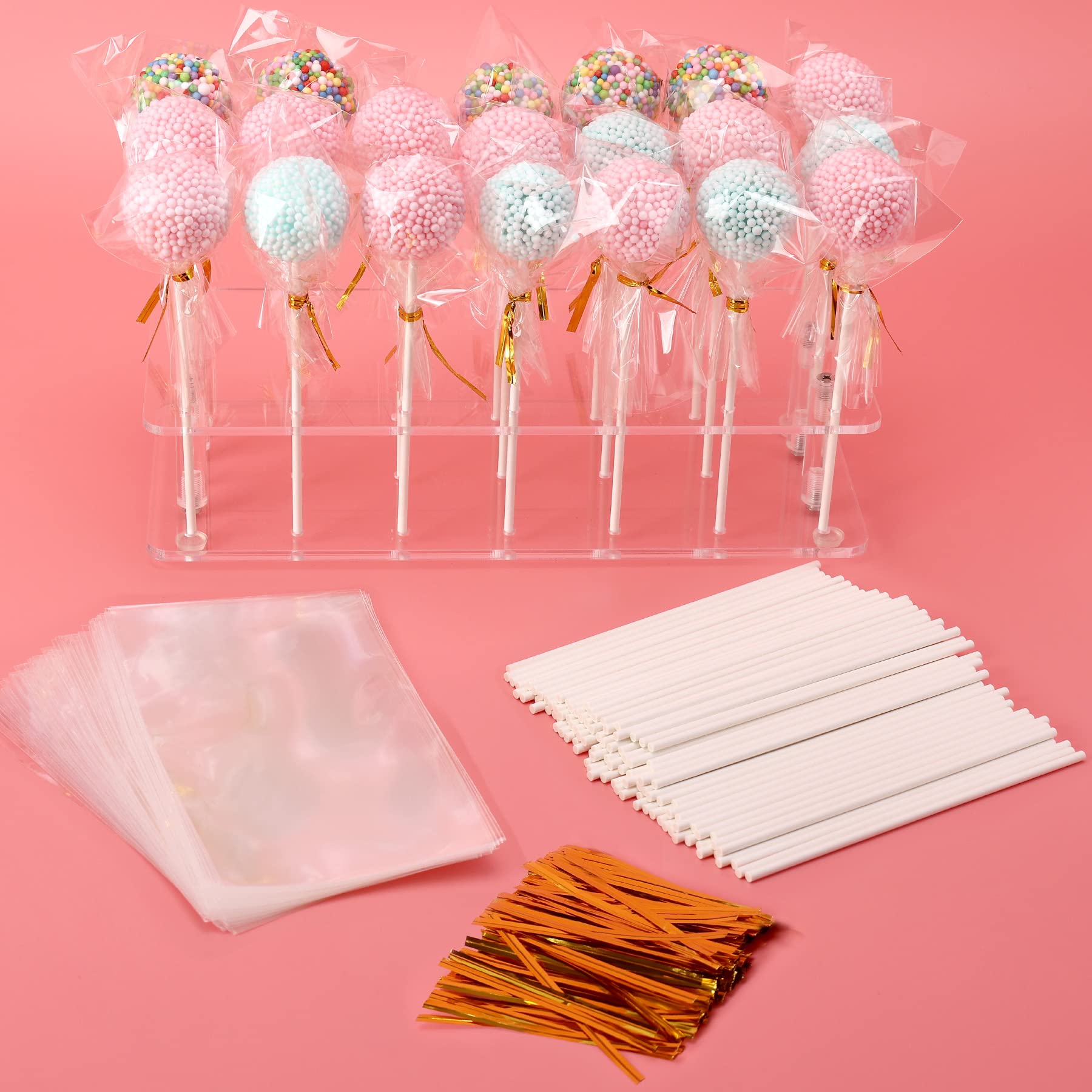 Goabroa Cake Pop Display Stand with 100 PCS Cake Pop Sticks and 100 PCS Wrappers Kit, 21 Holders Clear Acrylic Cakepop Making Accessories for Weddings Baby Showers Halloween