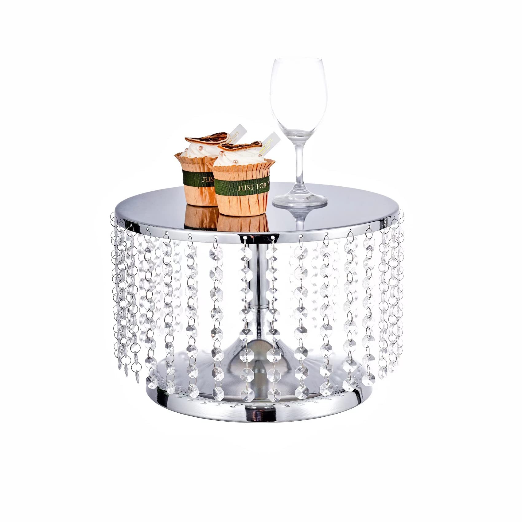 8 Inch Tall Metal Cake Stand - 12" Dia Round Base Cake Display Stand with Hanging Acrylic Crystals for Dessert Table, Wedding, Party, Event, Home Décor