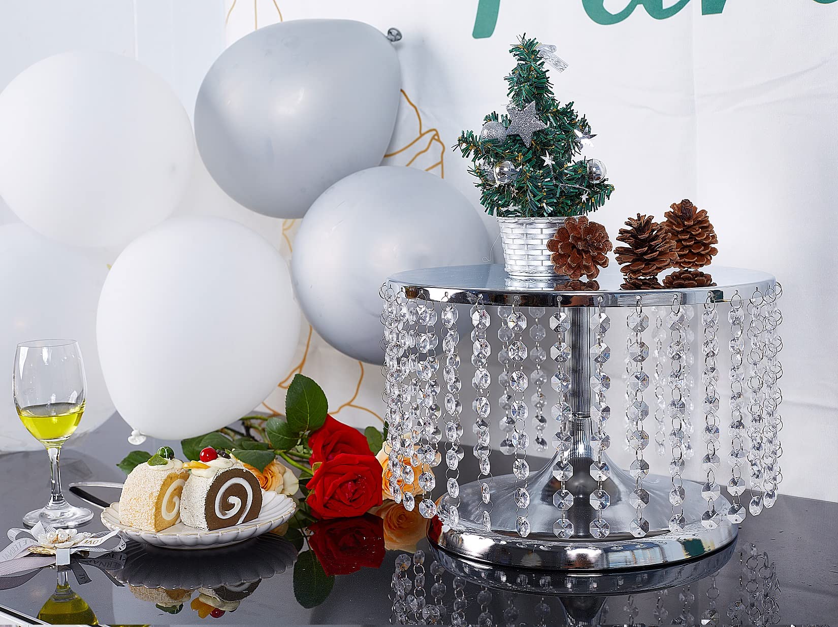 8 Inch Tall Metal Cake Stand - 12" Dia Round Base Cake Display Stand with Hanging Acrylic Crystals for Dessert Table, Wedding, Party, Event, Home Décor