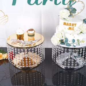 8 Inch Tall Metal Cake Stand - 12" Dia Round Base Cake Display Stand with Hanging Acrylic Crystals for Dessert Table, Wedding, Party, Event, Home Décor