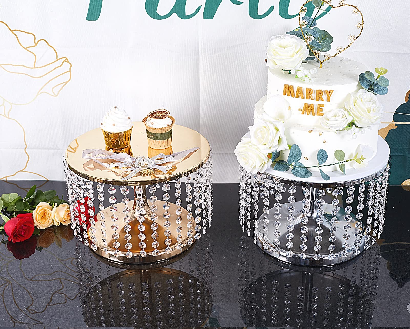 8 Inch Tall Metal Cake Stand - 12" Dia Round Base Cake Display Stand with Hanging Acrylic Crystals for Dessert Table, Wedding, Party, Event, Home Décor