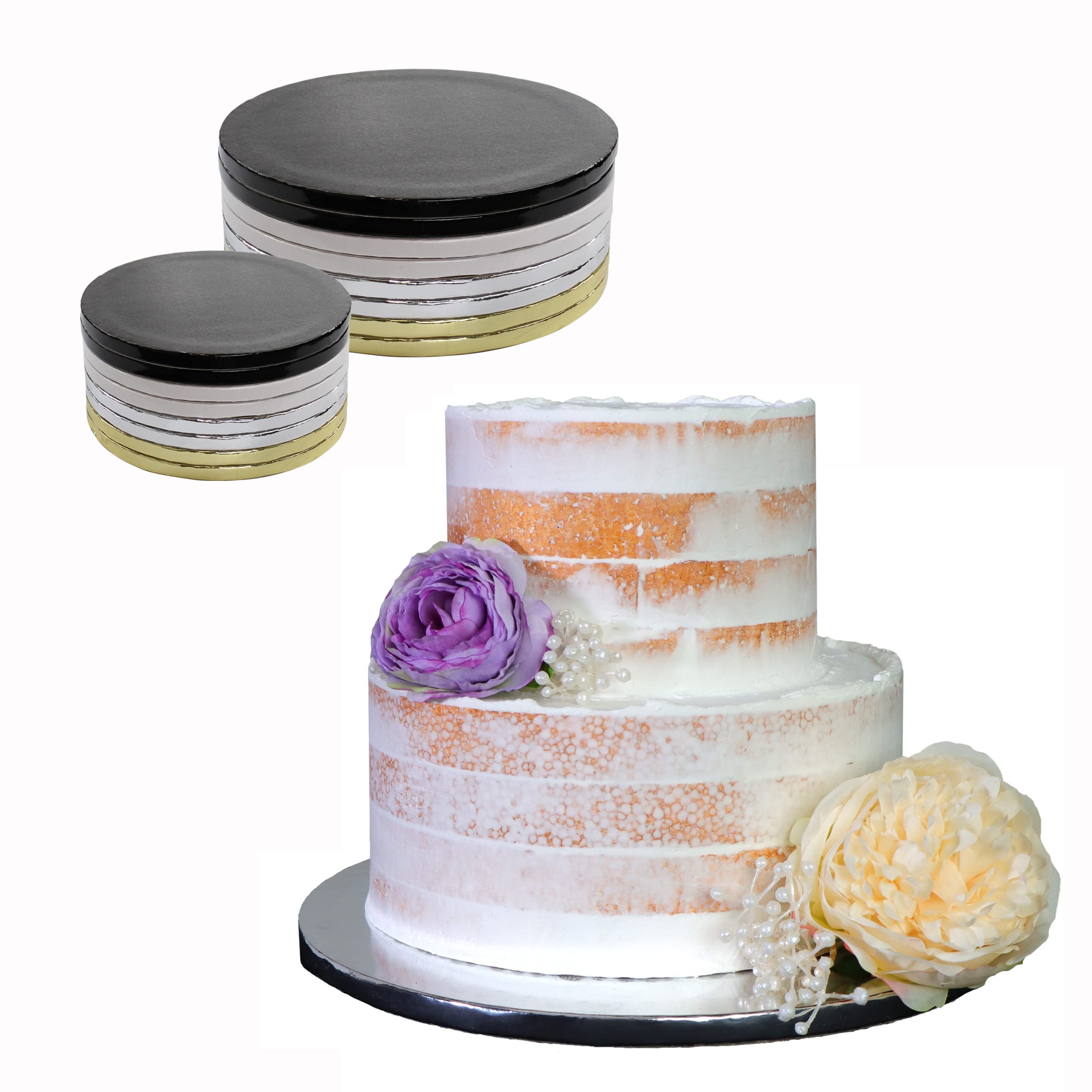 Spec101 Foil Cake Board Wrap Cake Bases - 16pk Gold Silver White Black Cake Drums 10 and 12 Inch Cake Boards