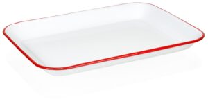 red co. 13.5” x 10” enamelware metal classic 1.6-quart rectangular serving tray, solid white/red rim