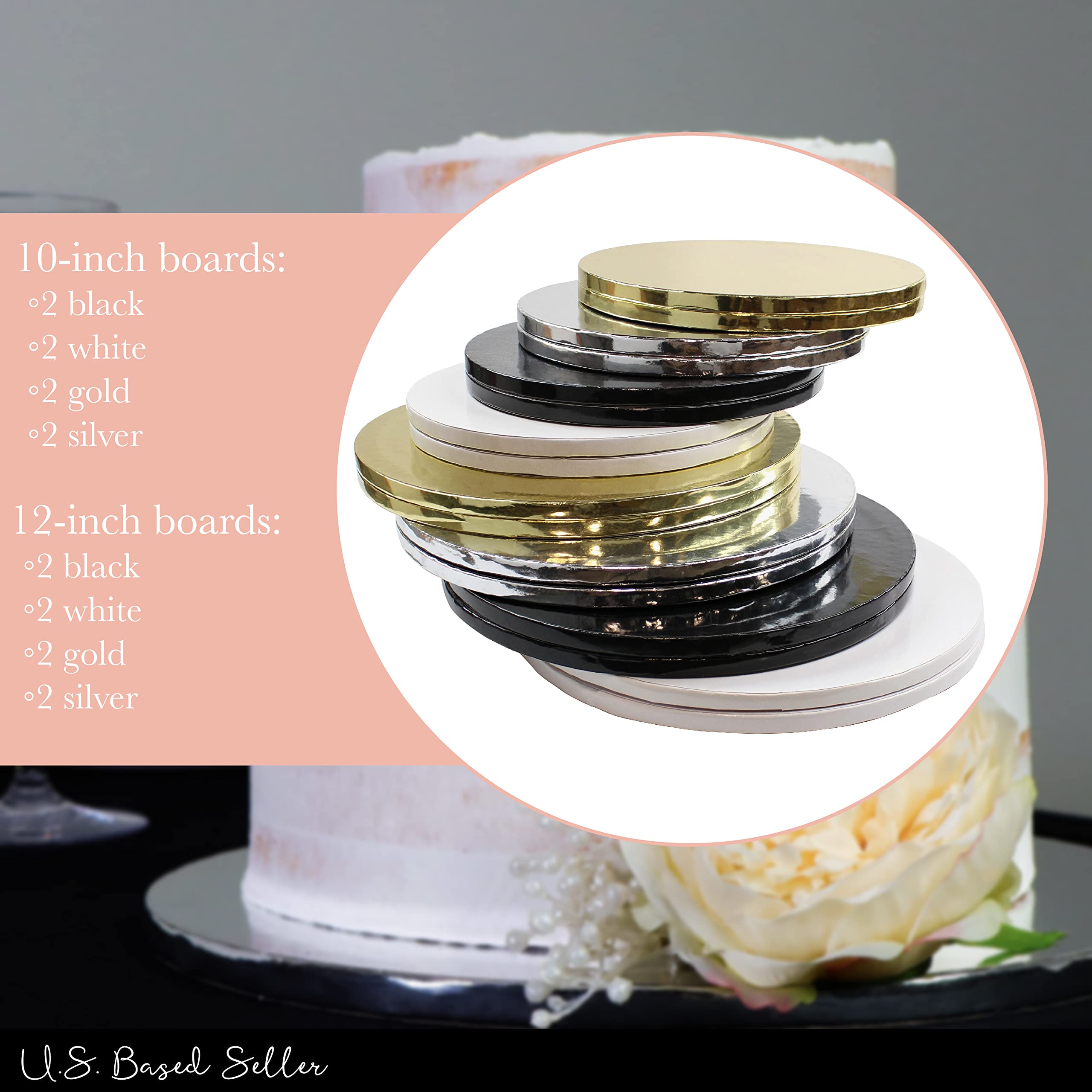 Spec101 Foil Cake Board Wrap Cake Bases - 16pk Gold Silver White Black Cake Drums 10 and 12 Inch Cake Boards