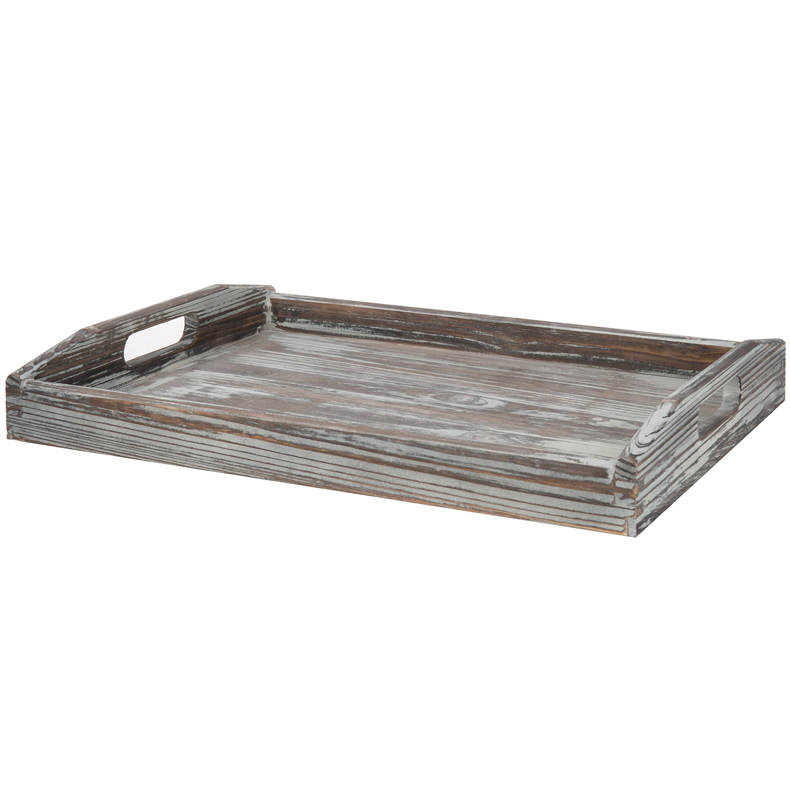 MyGift Rustic Torched Wood Serving Tray with Handles, Farmhouse Ottoman Coffee Tray, 16 x 12 Inches