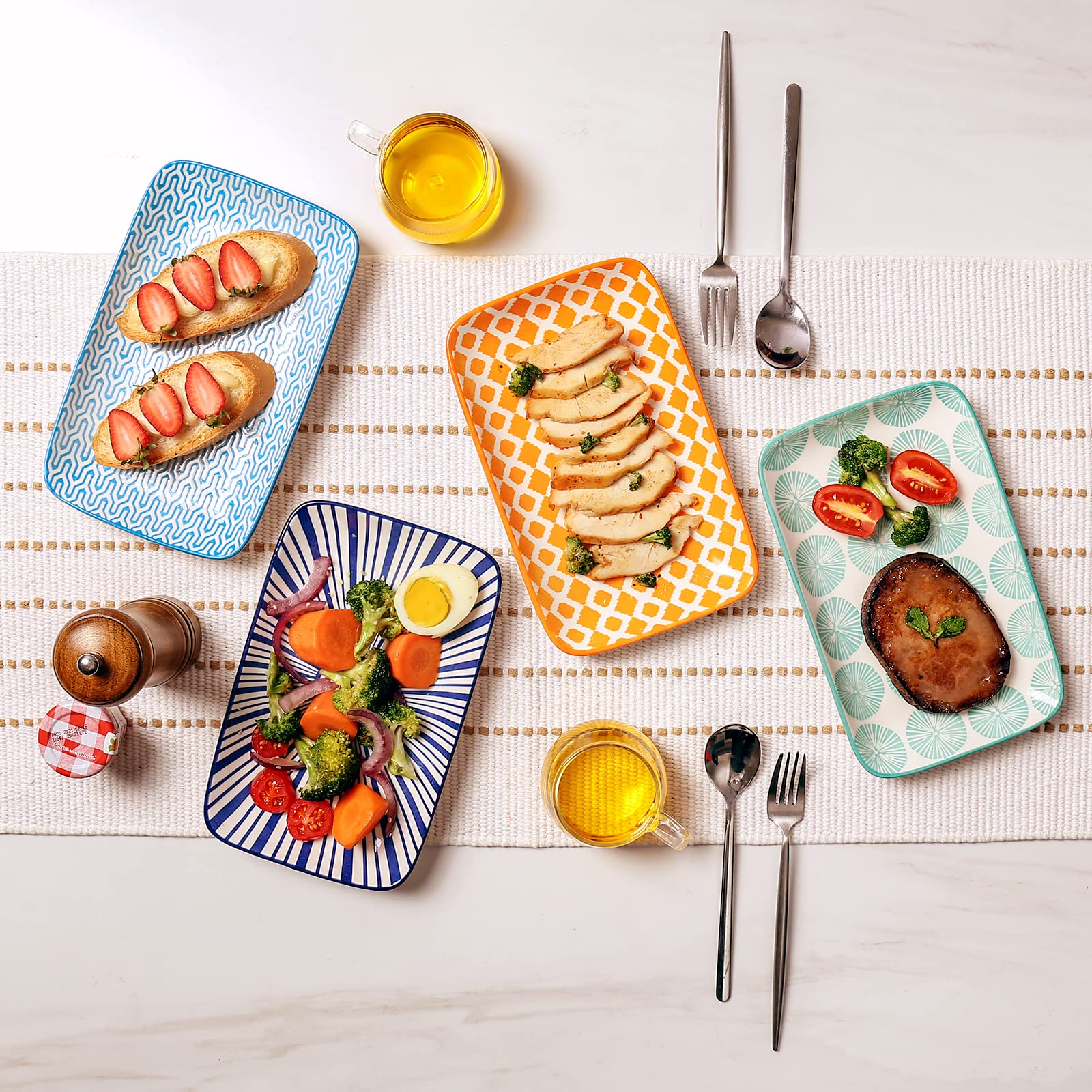 KitchenTour Rectangular Serving Platter, 9.5 inch Appetizer Plates Ceramic Dinner Plates Serving Trays Set of 6 for Salad, Sushi, Fruit, Microwave and Dishwasher Safe