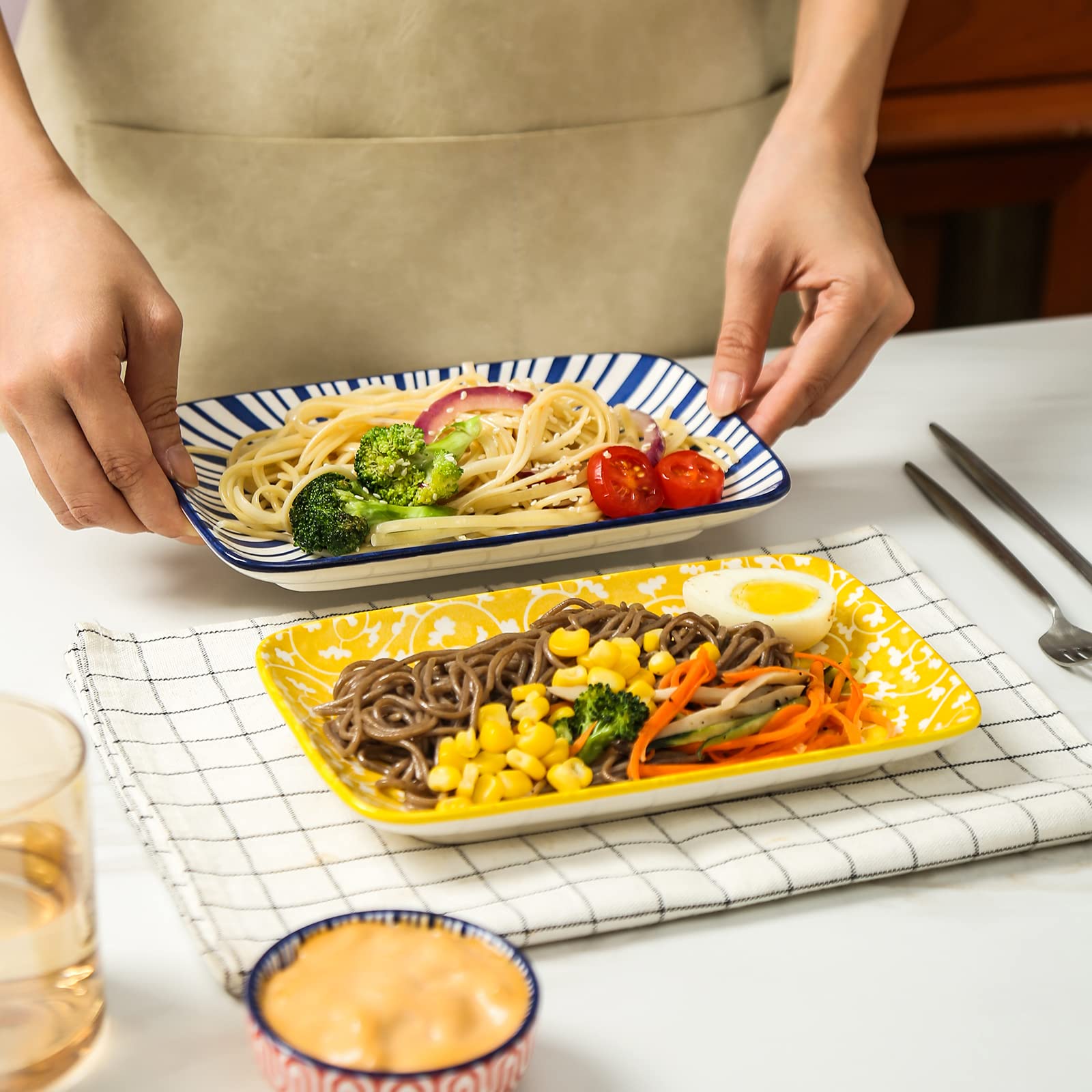KitchenTour Rectangular Serving Platter, 9.5 inch Appetizer Plates Ceramic Dinner Plates Serving Trays Set of 6 for Salad, Sushi, Fruit, Microwave and Dishwasher Safe