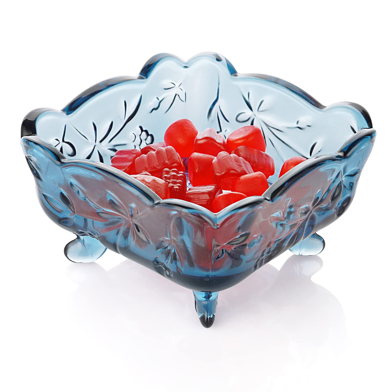 Fivtyily Retro Carved Square Glass Fruit/Sugar/Candy Dish Tray Ice Cream Bowl with Antislip Legs (Blue)