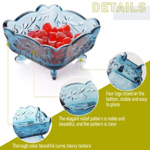 Fivtyily Retro Carved Square Glass Fruit/Sugar/Candy Dish Tray Ice Cream Bowl with Antislip Legs (Blue)