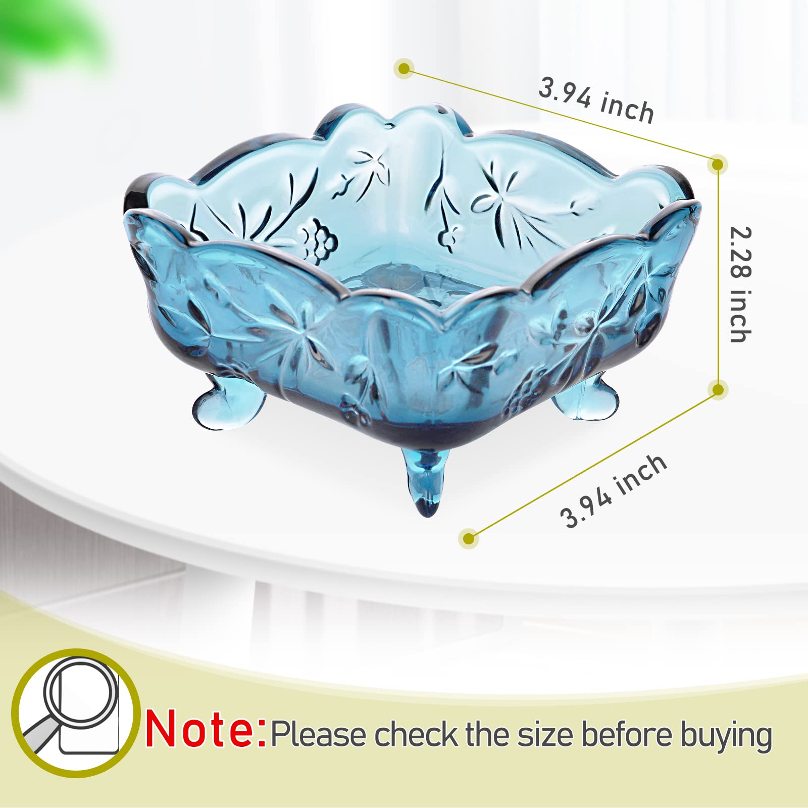 Fivtyily Retro Carved Square Glass Fruit/Sugar/Candy Dish Tray Ice Cream Bowl with Antislip Legs (Blue)