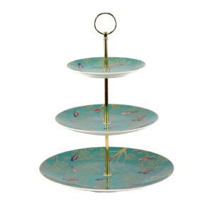 portmeirion sara miller london chelsea 3 tier cake stand | green tiered dessert stand for serving pastries, cupcakes, and more | made from fine china with gold detail | handwash only