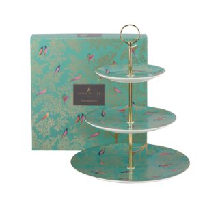 Portmeirion Sara Miller London Chelsea 3 Tier Cake Stand | Green Tiered Dessert Stand for Serving Pastries, Cupcakes, and More | Made from Fine China with Gold Detail | Handwash Only