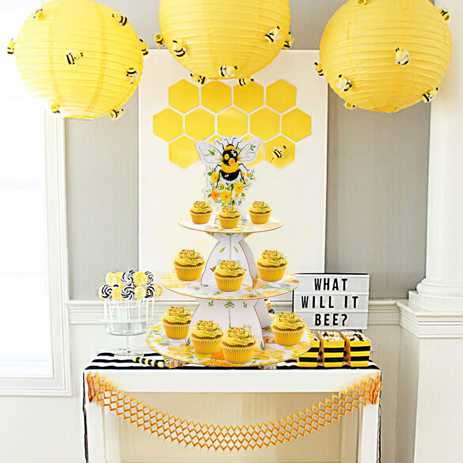 KVCSYAW 3 Tier Bee Cupcake Stand, Yellow, Cardboard, Round, 12 x 12 x 15.2 in