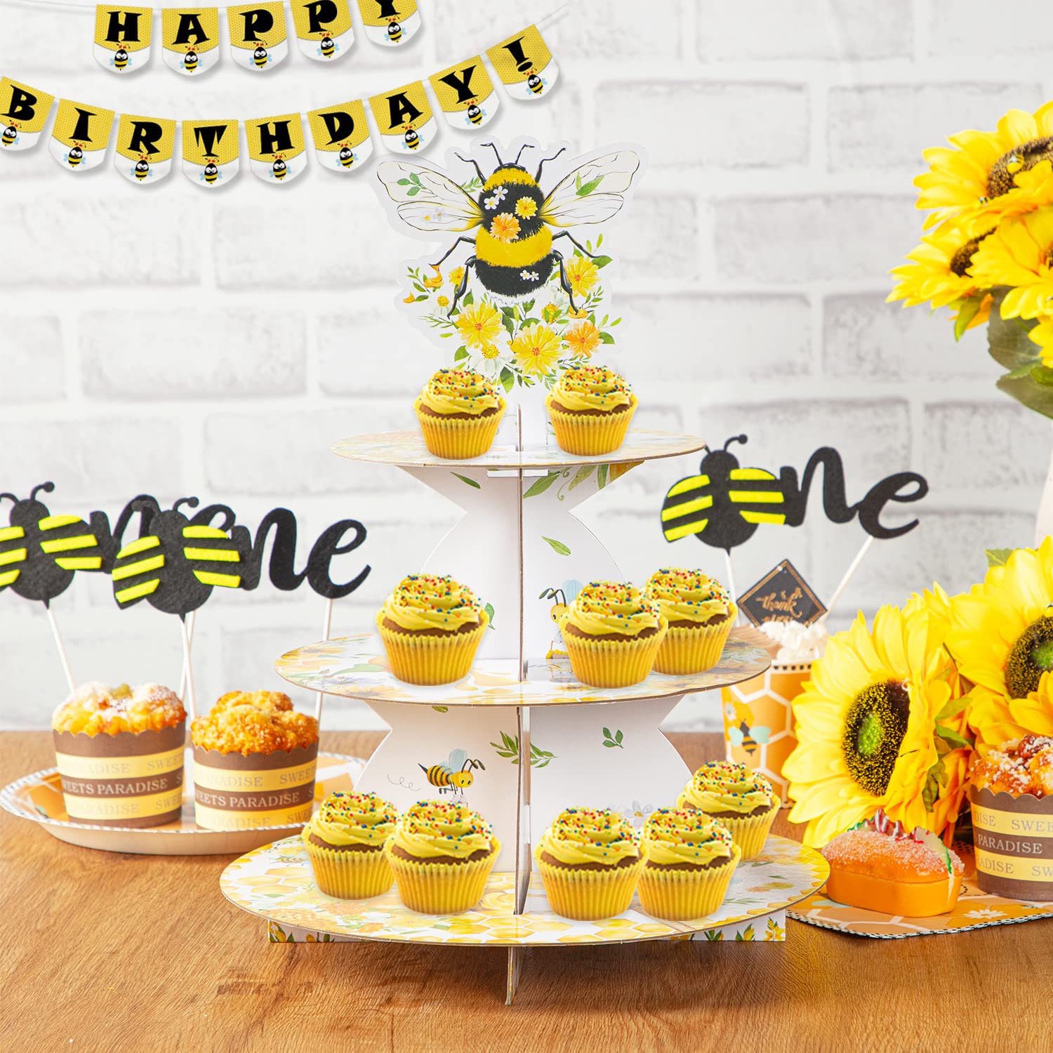 KVCSYAW 3 Tier Bee Cupcake Stand, Yellow, Cardboard, Round, 12 x 12 x 15.2 in