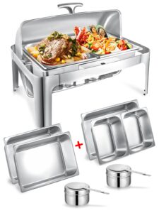 granvell rectangular roll top chafing dish buffet set, catering food warmer for parties, wedding, birthday, christmas, 1 full size & 2 half-size chafing server dish, 14qt water pan