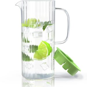 glass pitcher with lid 50oz/1.5 liter, water pitcher with removable lid and wide handle, juice jug for fridge, beverage carafe for cold/hot water, iced tea