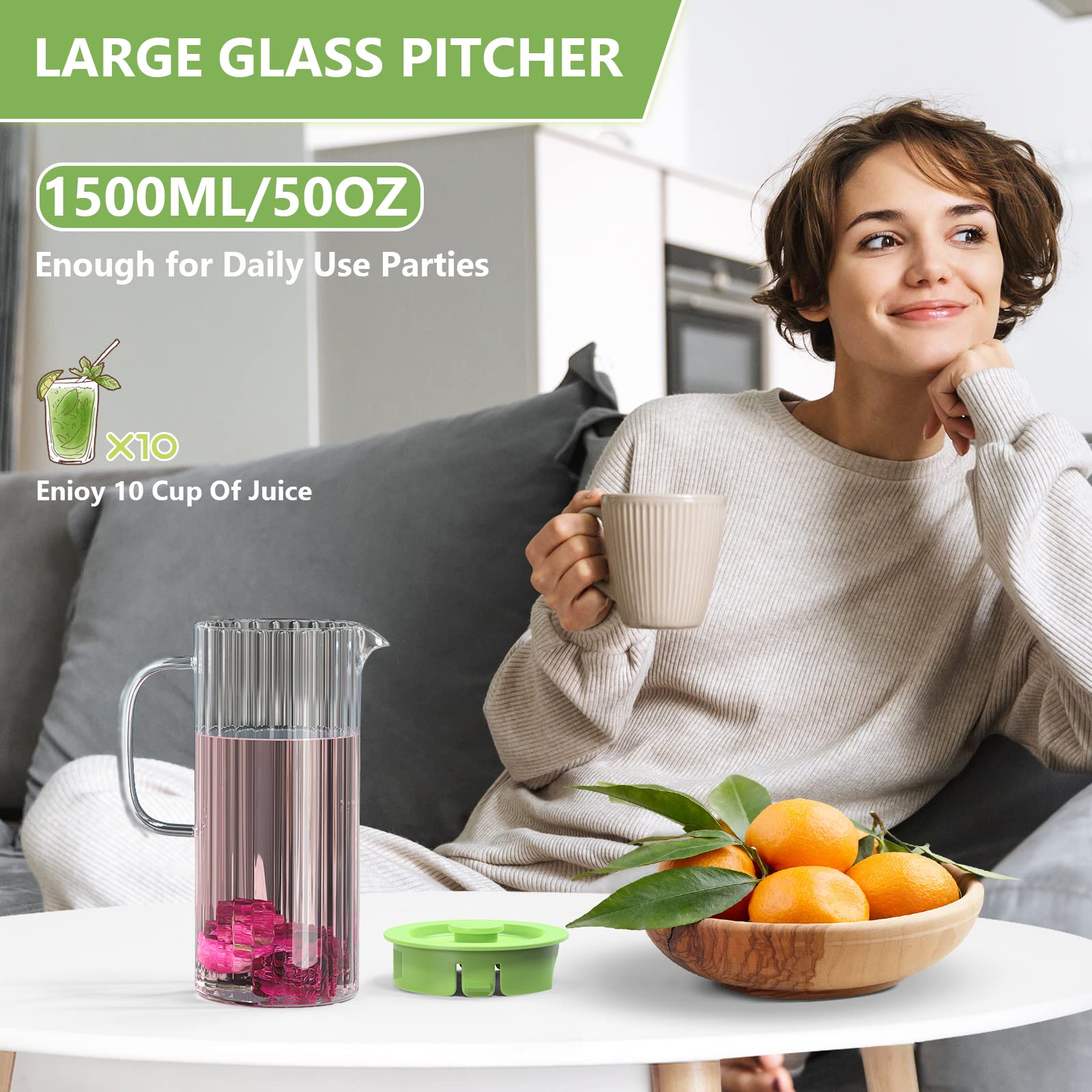 Glass Pitcher with Lid 50oz/1.5 Liter, Water Pitcher with Removable Lid And Wide Handle, Juice Jug for Fridge, Beverage Carafe for Cold/Hot Water, Iced Tea