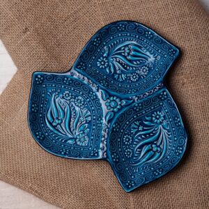 Lemose Leaf Shaped Decorative Ceramic Appetizer Plate - 3 Compartment Snack Tray Floral Pattern Serving Platter Cute Blue Divided Plates Embossed Dinnerware Bowls Dish for Fruits, Dips