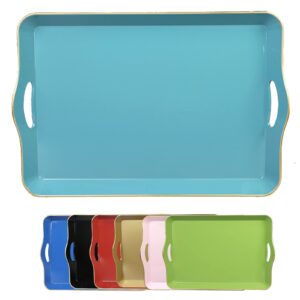leemxiiny teal blue decorative tray for coffee table with handles, plastic rectangular serving tray for living room, bathroom, outdoors, 11.8"*17.3"