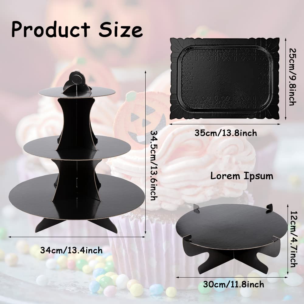 7 Set Black Cupcake Stand 3-Tier Cardboard Cupcake Tower Stand Disposable Cake Stand Holders Rectangle Serving Tray 1-Tier Round Cake Stand Platters for Easter Party Supplies