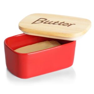ceramics butter dish with wooden lid- large covered butter holder for countertop, butter keeper container perfect for holds 2x 4oz west/east coast butter, red