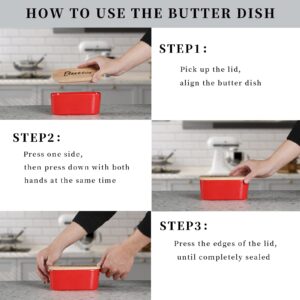 Ceramics Butter Dish with Wooden Lid- Large Covered Butter Holder for Countertop, Butter Keeper Container Perfect for Holds 2X 4oz West/East Coast Butter, Red