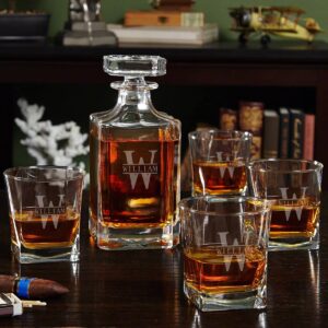 personalized whiskey decanter set with 4 square rocks glasses - gift box available