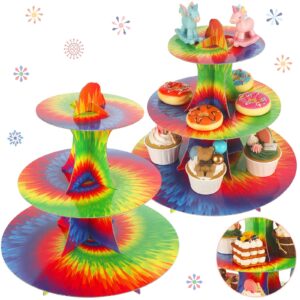 2 pieces 3 tier tie dye round cardboard cupcake stand for 24 cupcakes rainbow cake stand dessert tower pastry serving platter food display for birthday party table supplies