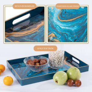 MAONAME Rectangle Decorative Tray, Plastic Serving Tray with Handles, Tempered Glass Coffee Table Tray and Serving Tray for Ottoman, Bathroom, 15.6” x 10.2”, Blue