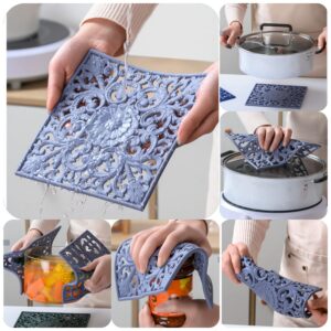 Silicone Trivets Mats-Trivets for Hot Dishes, Table, Countertop, Non-Slip Heat Resistant Modern Kitchen Trivets,Teapot Trivet - Flexible Trivet Square, Hot Pads for Pots & Pans of 3 Blue