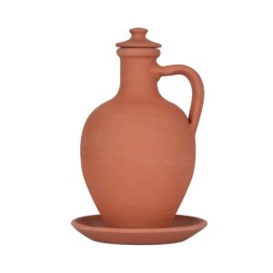 hakan anadolu natural clay water pitcher set | unglazed terracotta water carafe & plate | traditional small mud jug | pottery jar for drinking water | small | 1.6 qts