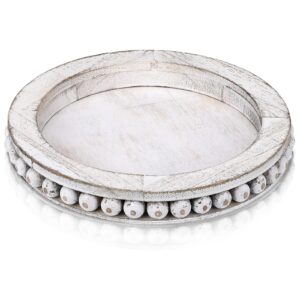 yulejo round rustic wood beaded tray, white, 9.84 in diameter