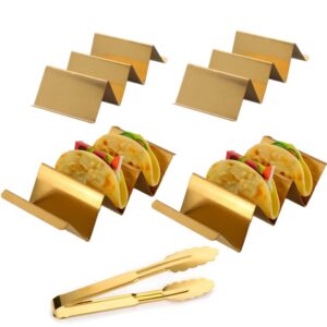 jyjfgsfa 4 pcs gold taco holders set with 1 food tong, stainless steel taco stand with handles for party, holds up to 3 tacos each, dishwasher oven safe