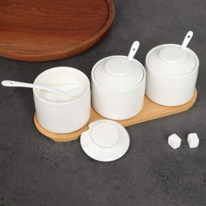 ONTUBE Ceramic Condiment Jar Set of 3 with Tray, Condiment Pot With Spoon and Lid, Seasoning Box,Sugar Bowl, 8oz (White)