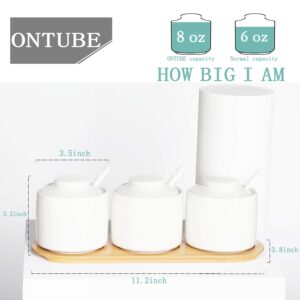 ONTUBE Ceramic Condiment Jar Set of 3 with Tray, Condiment Pot With Spoon and Lid, Seasoning Box,Sugar Bowl, 8oz (White)