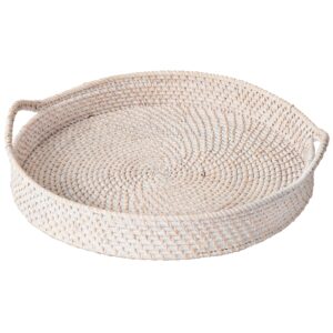 artera round wicker rattan tray - 18 inches, hand woven tray for coffee table, ottoman, natural serving tray with handles, circular decorative basket tray.
