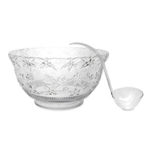 party essentials n120621l hard plastic embossed floral serving bowl for punch/salad/snack/treat, clear, 12-quart with ladle