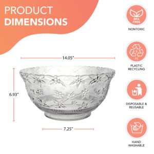 Party Essentials N120621L Hard Plastic Embossed Floral Serving Bowl for Punch/Salad/Snack/Treat, Clear, 12-Quart with ladle