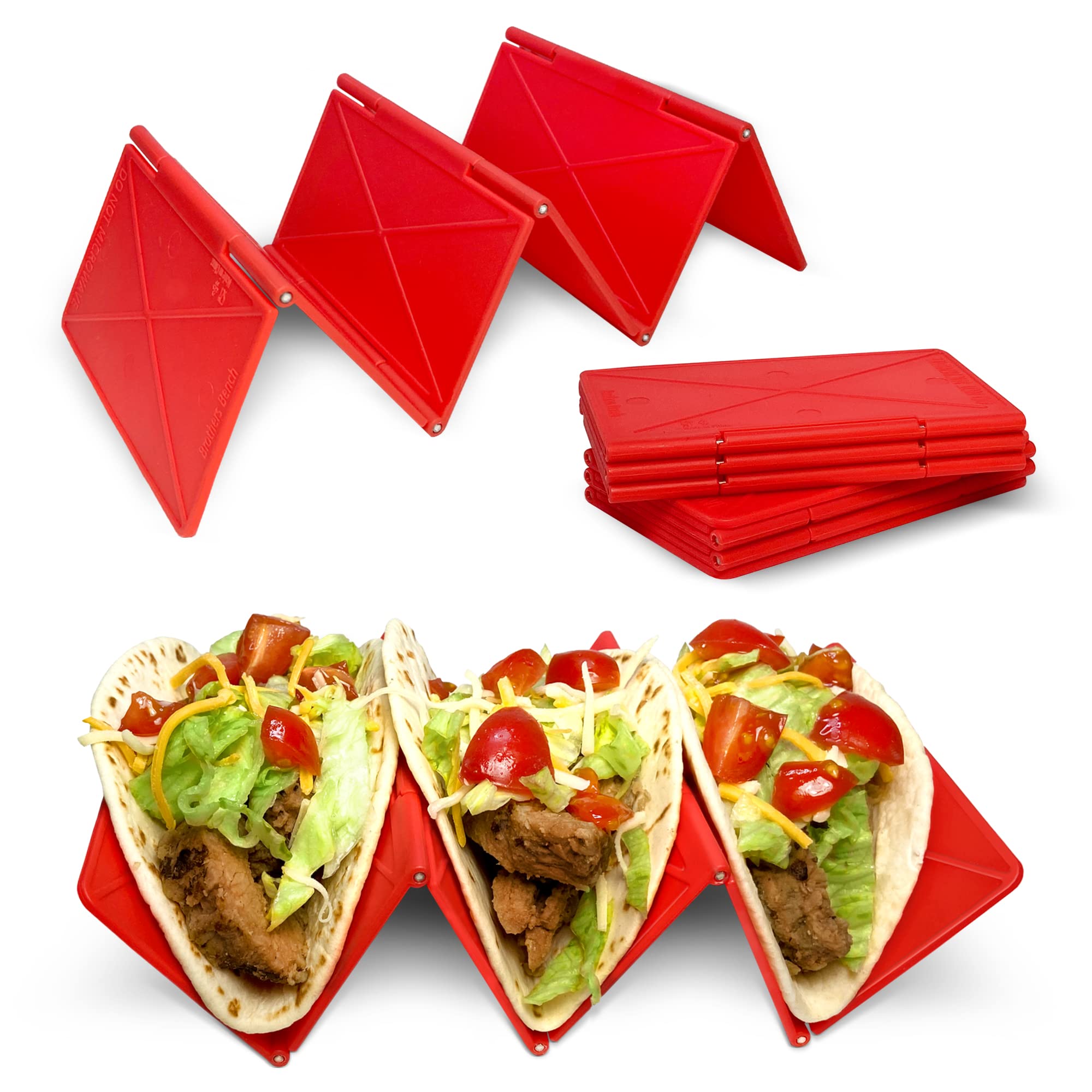 Foldable Taco Holders Set of 4, Red Taco Holder for Soft & Hard Taco Shells, Collapses for Improved Kitchen Storage & Organization, Taco Holder Stand Kit Holds 2 or 3 Tacos, Dishwasher Safe Plastic