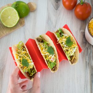 Foldable Taco Holders Set of 4, Red Taco Holder for Soft & Hard Taco Shells, Collapses for Improved Kitchen Storage & Organization, Taco Holder Stand Kit Holds 2 or 3 Tacos, Dishwasher Safe Plastic