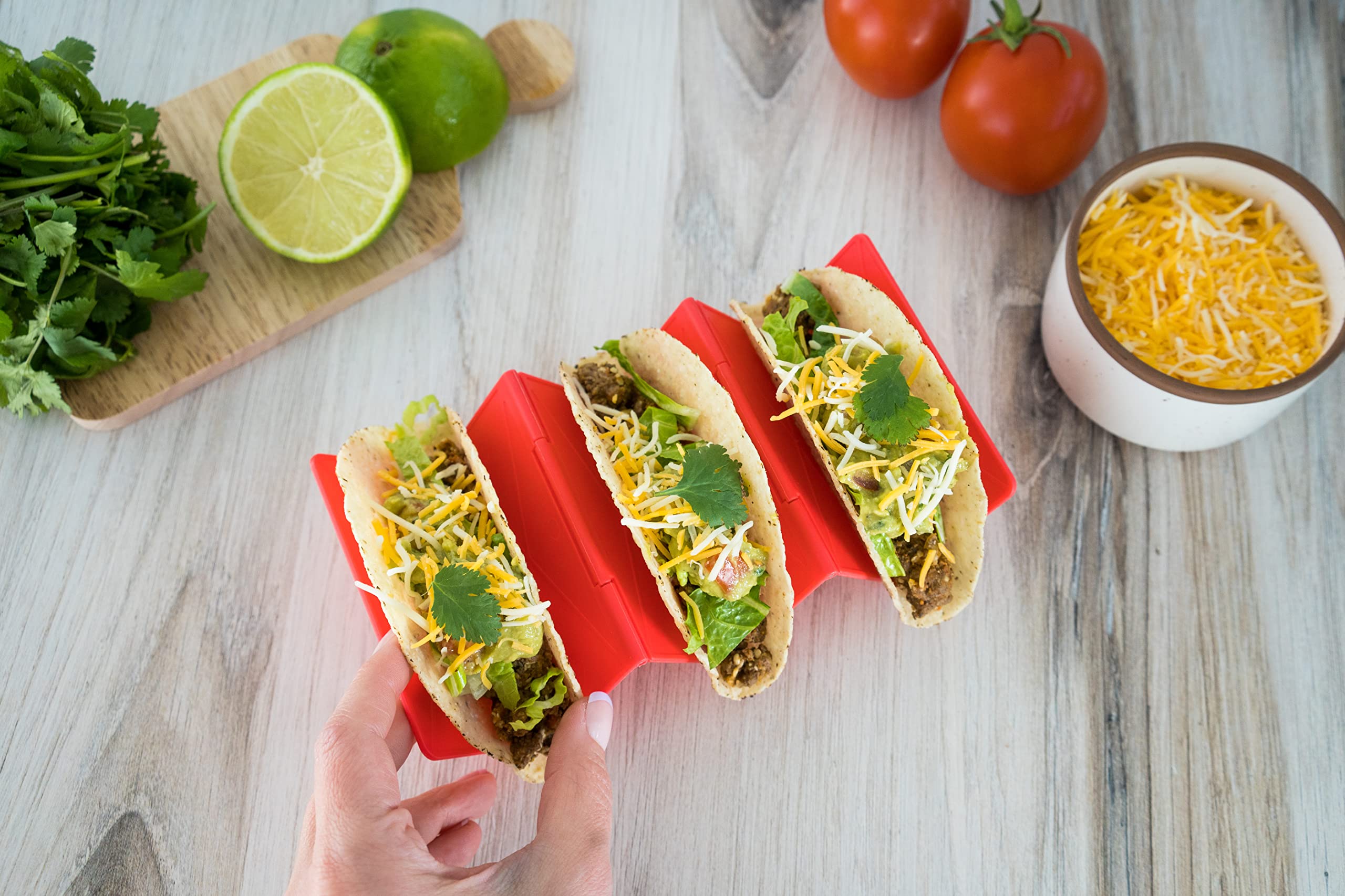 Foldable Taco Holders Set of 4, Red Taco Holder for Soft & Hard Taco Shells, Collapses for Improved Kitchen Storage & Organization, Taco Holder Stand Kit Holds 2 or 3 Tacos, Dishwasher Safe Plastic