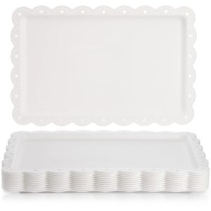 peohud 12 pack white plastic serving tray with lace rim, rectangle food trays, disposable serving platters and trays for party, wedding, restaurant, 14.4" x 9.3"