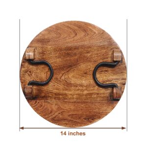 Wood party serving platter round cheese board tray wine crackers meat 14 inch circle