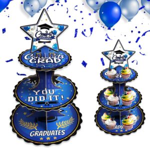 hying graduation cupcake stands 2024 for dessert table party, 3 tire round cardboard dessert stand 2024 blue for graduation party favors supplies 2024 cupcake tower display congrats grad 2024