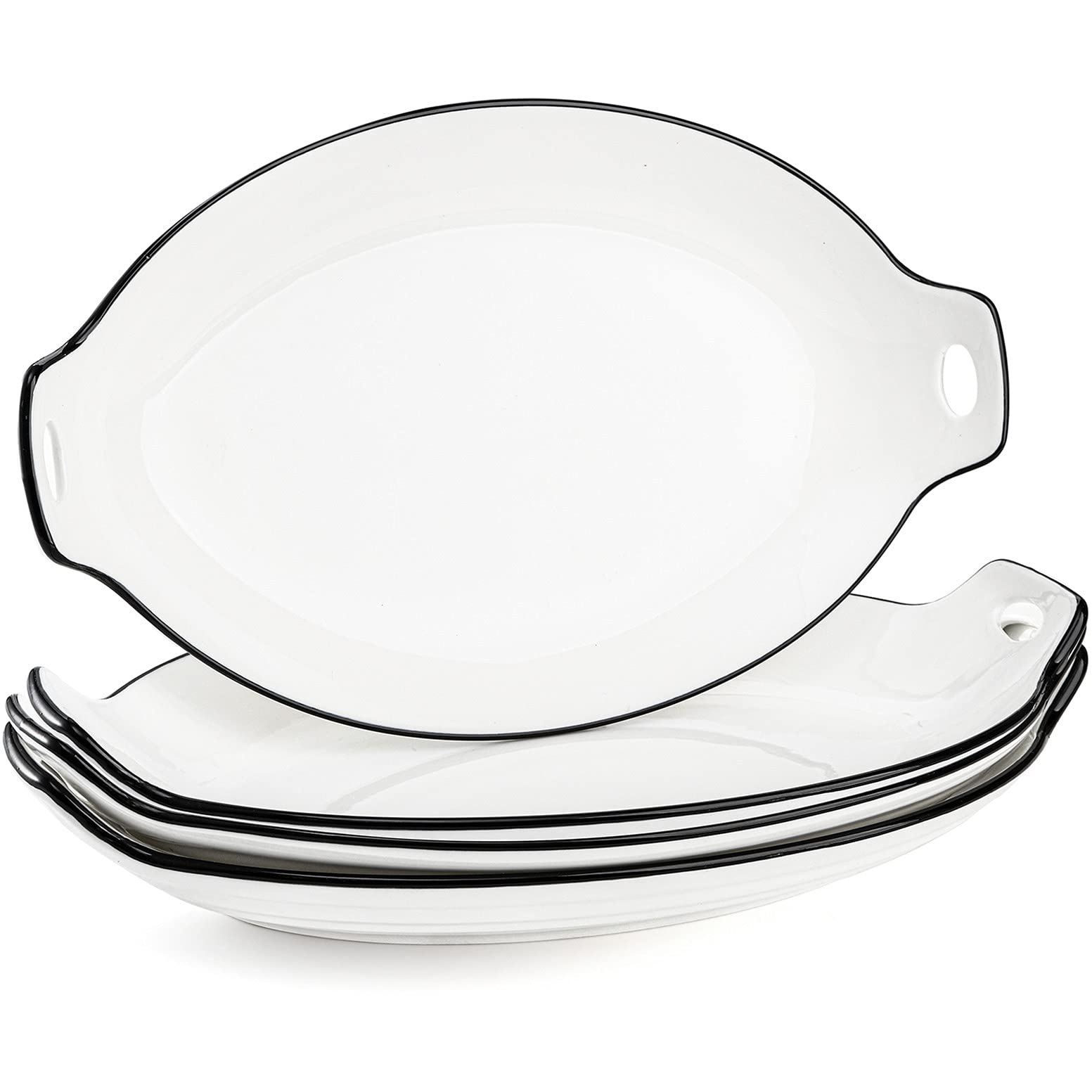 ZOOFOX Set of 4 Oval Serving Platter, 12" White Porcelain Serving Tray with Handle, Large Serving Plates for Appetizer, Dessert, Meat, Salad, Noodle
