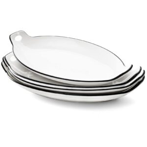 ZOOFOX Set of 4 Oval Serving Platter, 12" White Porcelain Serving Tray with Handle, Large Serving Plates for Appetizer, Dessert, Meat, Salad, Noodle